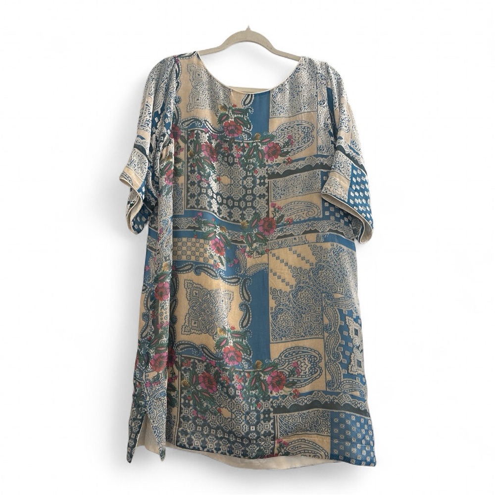 $290 Johnny Was Blue and Tan floral Patchwork burned velour silk  Tunic Dress S - Picture 9 of 13